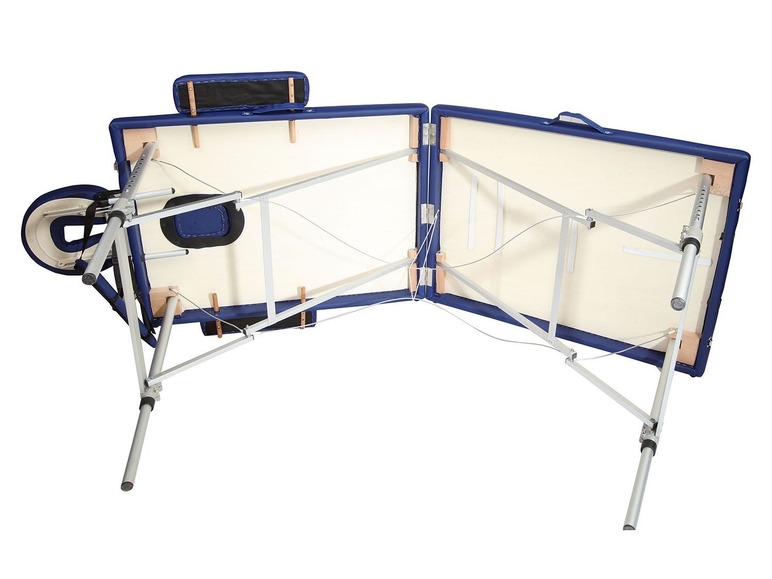 Ein blauer Massagetisch mit höhenverstellbaren Beinen und einem integrierten Kopfstützen.