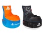 Zwei PlayStation Beanbag-Sessel, einer orange und einer schwarz mit Gaming-Design.