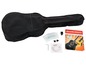 Eine Gitarrenset mit schwarzer Tasche, Tuner, Plektronen und Lern-CD.