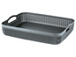 Grauer Plastik-Aufbewahrungskorb mit Griffen.