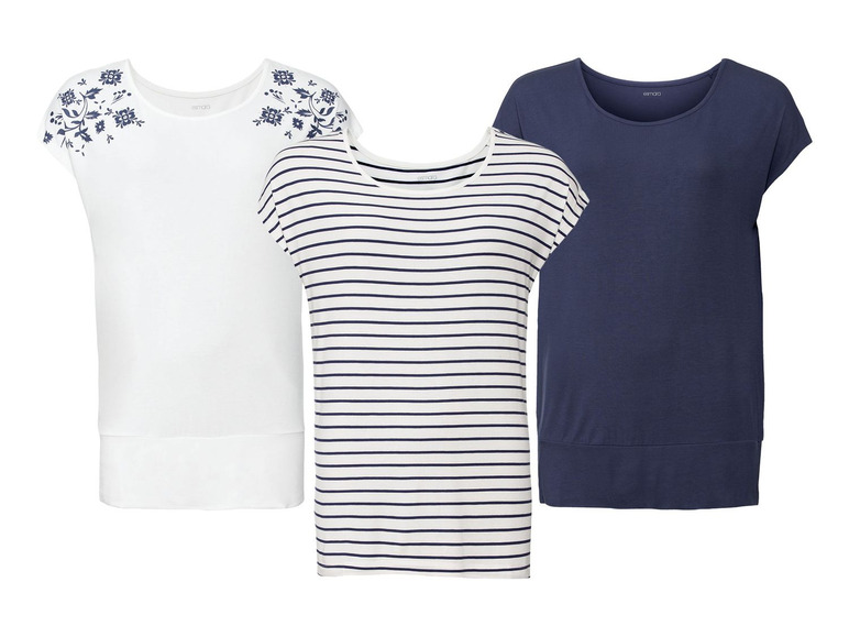 Drei unifarbene T-Shirts von esmara: gestreift, weiß mit Blumenprint und dunkelblau.