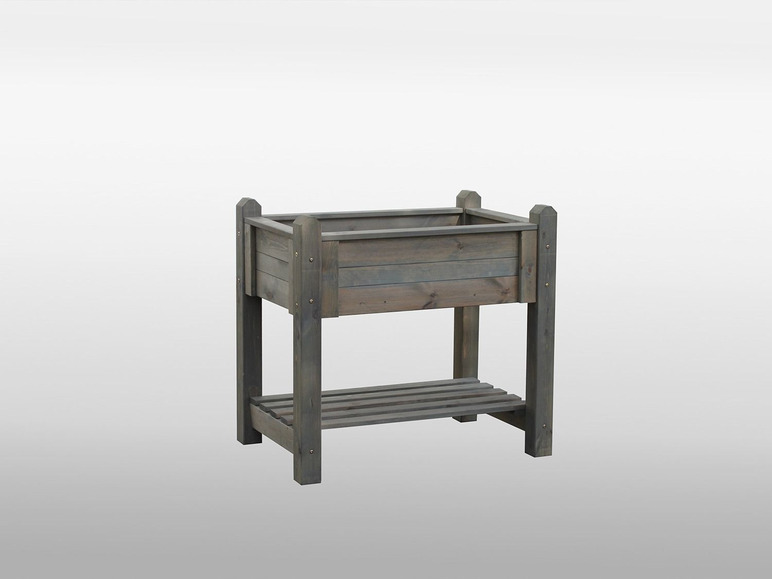 Ein Holzpflanzenkasten mit einem Regal darunter.