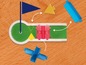 Ein Minigolf-Parcours mit Flagge, gelben und roten Hindernissen und blauen Tunneln.