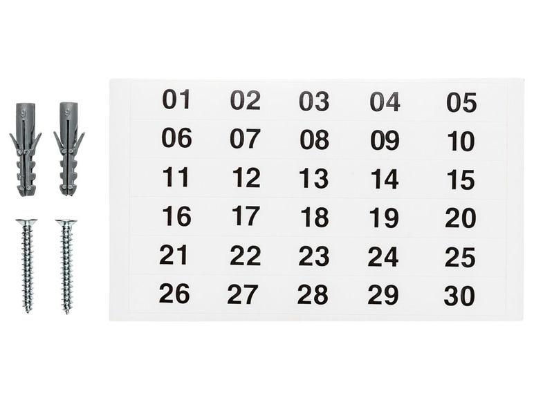 Zwei Schrauben und zwei Dübel mit einer Nummerierung von 1 bis 30