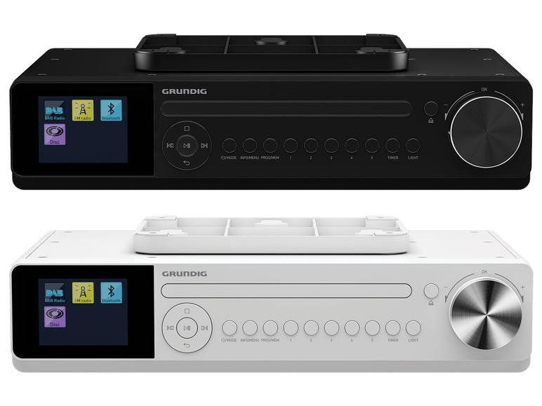 Zwei Grundig Radiowecker mit DAB+, FM-Radio, CD-Player und Bluetooth.