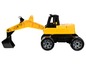 Ein gelber Spielzeugbagger mit einem schwarzen Schaufel.