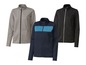 Drei Fleecejacken mit Reißverschluss, grau, schwarz und dunkelblau mit blauen Akzenten.