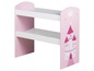 Rosa Bücherregal mit zwei Regalbrettern und Prinzessinnenmotiv.