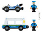 Zwei Polizeiautos aus Holz mit Polizistenfiguren