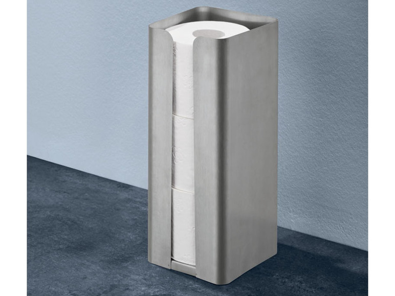Edelstahl-Toilettenpapierhalter mit drei Rollen.