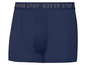Blaue Boxershorts mit 'N3VR STOP' Aufdruck.