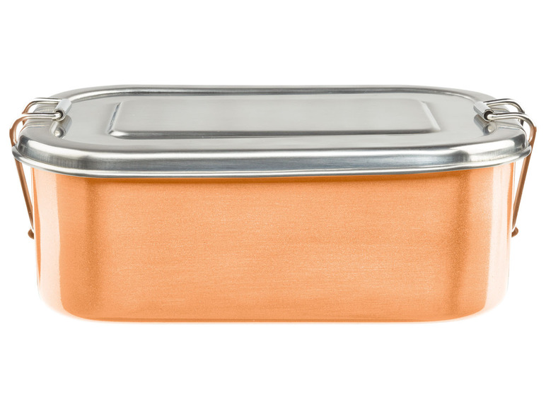 Eine orangefarbene Metall-Lunchbox mit einem Metalldeckel.