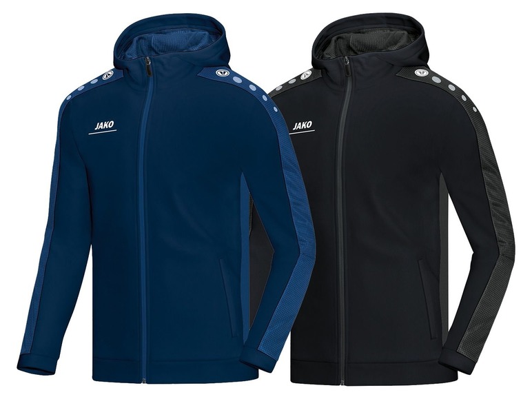 Zwei Jako Trainingsjacken mit Kapuze, eine in Dunkelblau und eine in Schwarz