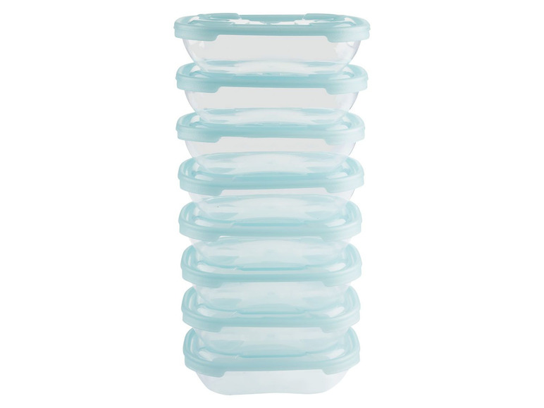 Ein Stapel blauer Plastik-Lunchboxen.