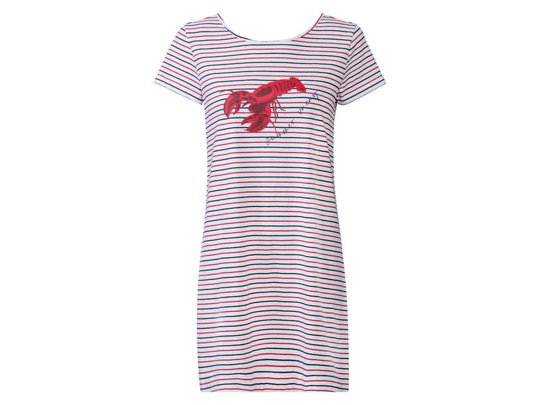 Ein gestreiftes weißes Kleid mit einem roten Hummer.