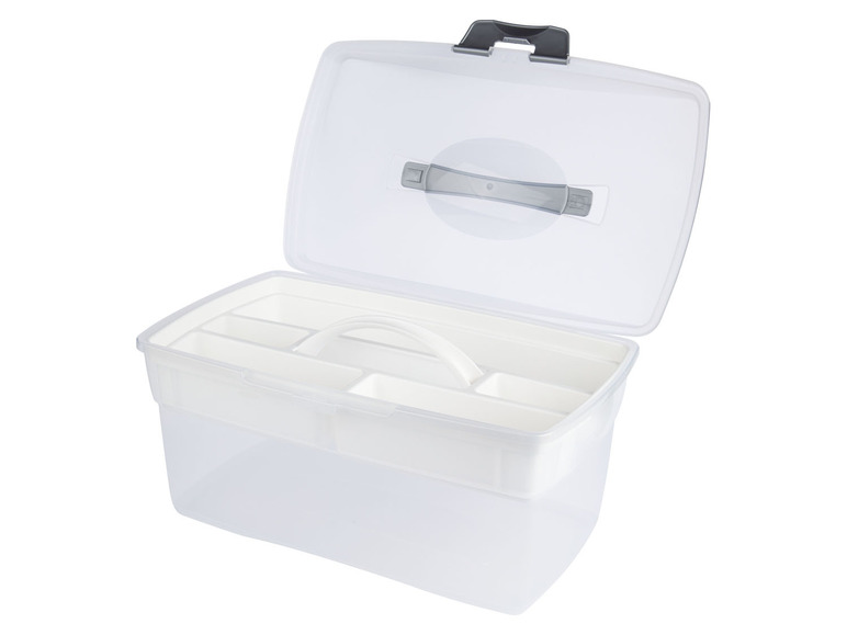 Transparente Aufbewahrungsbox mit Griff und Fächern