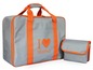 Graue Nähmaschinentasche mit orangen Akzenten und eine kleinere Tasche.