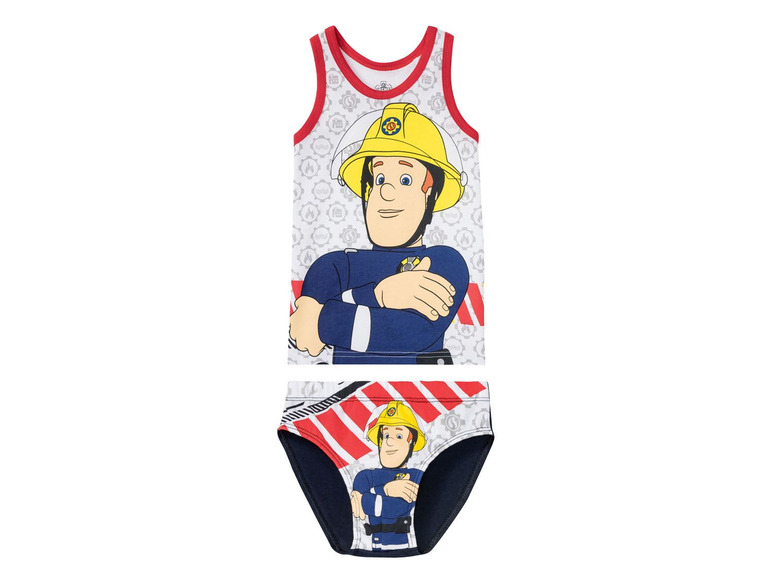 Ein Tanktop und Unterhose mit dem Motiv von Feuerwehrmann Sam.