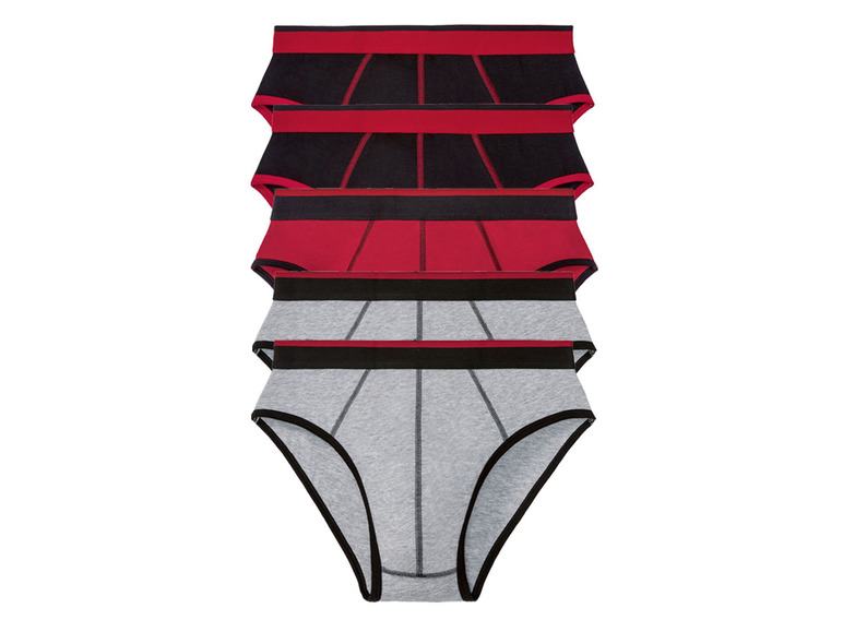 Ein Stapel Unterwäsche in Grau, Schwarz und Rot.
