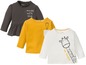 Drei Lupilu Langarmshirts mit Giraffen-Print und 'Made with love' Schriftzug.