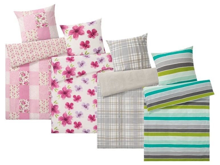Bettwäsche mit Blumen-, Karomuster und Streifen.