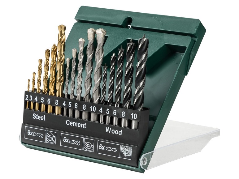 Ein Satz Bohrer für Stahl, Beton und Holz.