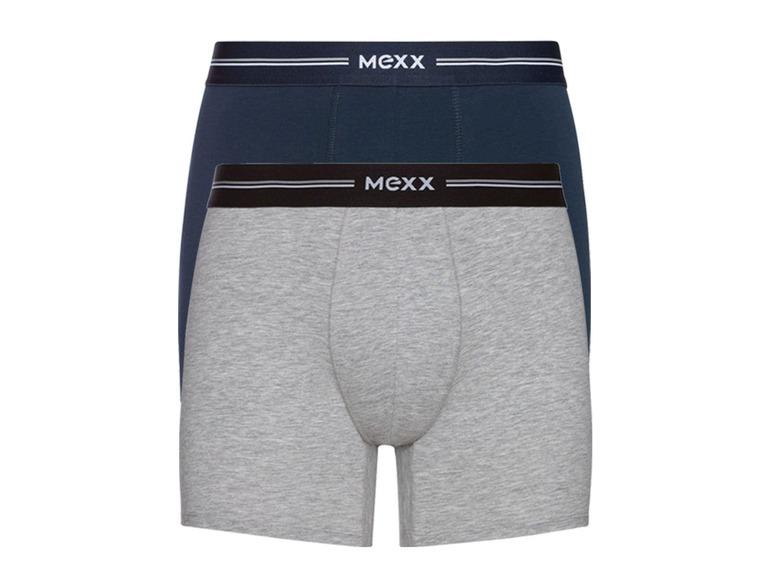 Zwei Paar MeXX Boxershorts in Grau und Dunkelblau.