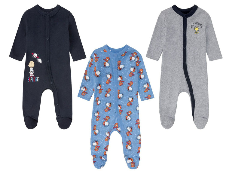 Drei Baby-Strampler mit Weltraum-Motiv, darunter einer mit Snoopy