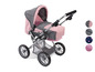 Ein rosa Puppenwagen mit grauer Stoffpolsterung.