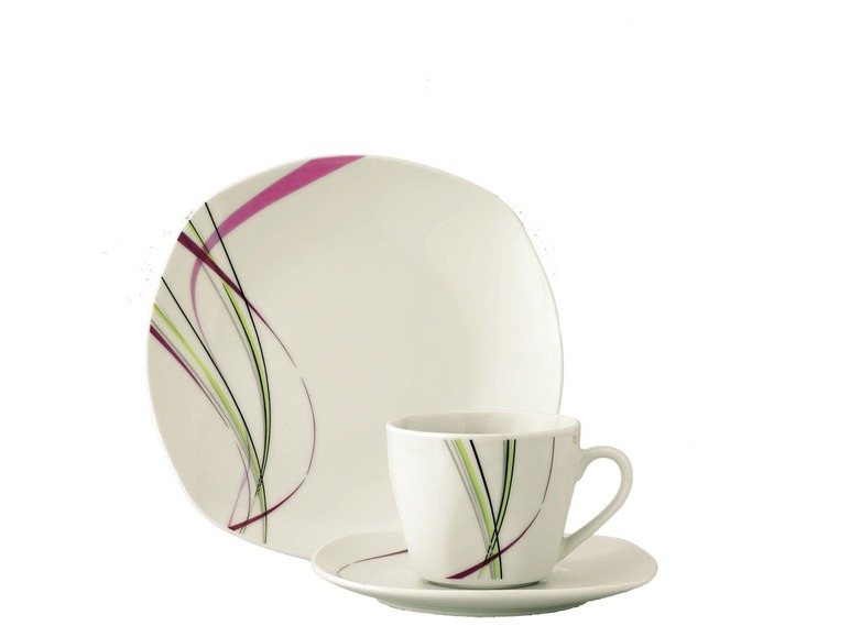 Eine Tasse und Untertasse mit einem großen Teller, mit einem abstrakten Design in rosa, grün und grau.