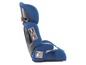 Ein blauer Autositz mit Kopfstütze für Kinder.