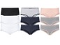 Sechs Damen-Slips in Schwarz, Weiß, gestreift, Rosa und Grau mit Spitze.