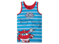 Ein blaues, gestreiftes Tanktop mit Super Wings-Motiv.