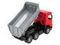 Ein roter Spielzeug-Kipplaster mit einer grauen Ladefläche.