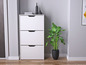 Eine weiße Kommode mit drei Schubladen, eine Pflanze in einem schwarzen Topf und Wanddekoration.