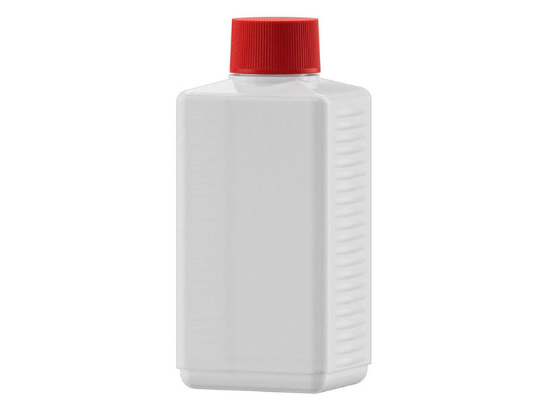 Weiße Plastikflasche mit rotem Deckel.