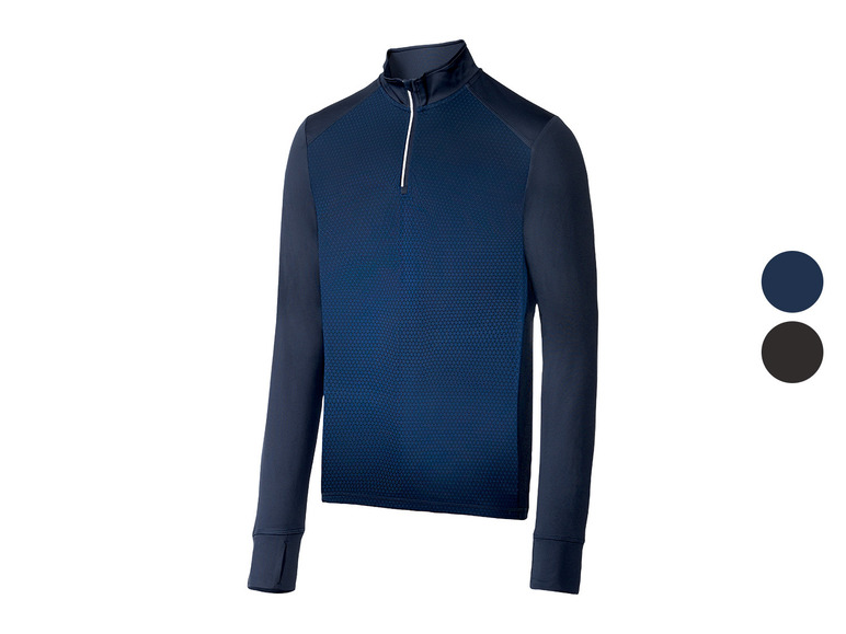 Ein dunkelblaues Trainingsjack mit langen Ärmeln und einem halben Reißverschluss.