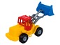 Gelber Spielzeug-Bagger mit blauer Schaufel.