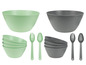 Grüne und graue Schüsseln mit passenden Gabeln und Löffeln.