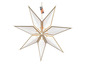 Weiße sternförmige Lampe mit goldenen Details, batteriebetrieben.