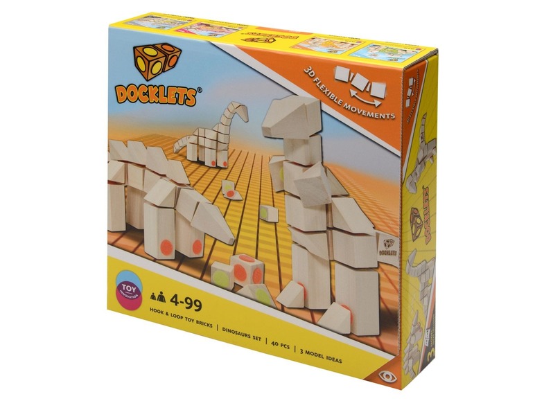 Kiste mit Docklets 3D flexiblen Bausteinen zum Bau von Dinosauriern.