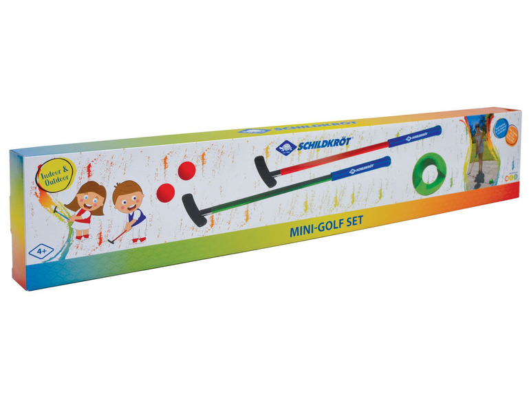 Ein Schildkröt Mini-Golf-Set mit zwei Schlägern, einem Ball und einem Ring.