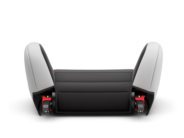 Ein schwarzer und grauer Autositz mit roten Details.