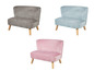 Drei kleine Samtsofas in Grau, Blau und Rosa mit Holzbeinen.