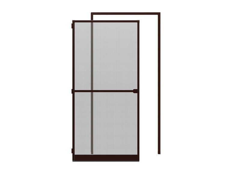 Eine braune Tür mit einem Fliegengitter.