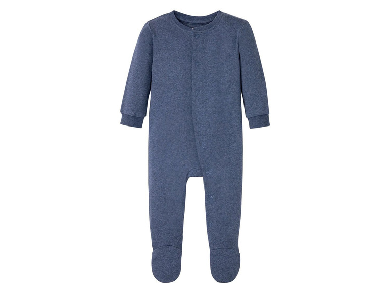 Ein blauer Baby-Strampler mit Knöpfen.