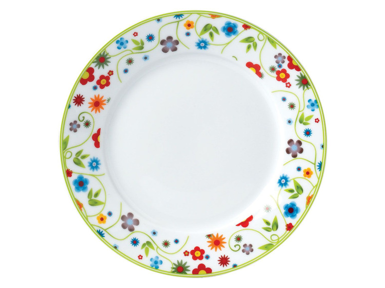 Weißer Teller mit buntem Blumenmuster.