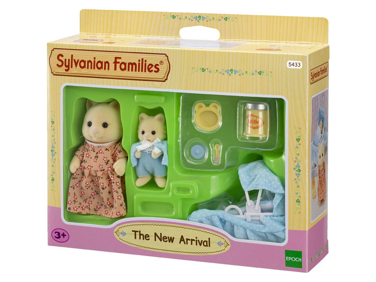 Sylvanian Families Spielset mit Katzenmutter, Kätzchen, Kinderwagen und Zubehör.