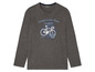 Ein graues Langarmshirt mit einem Vintage-Fahrrad-Print.