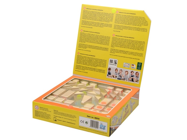 Holzb Bausteine von DOCKLETS, geeignet für Kinder jeden Alters, in einer Box.